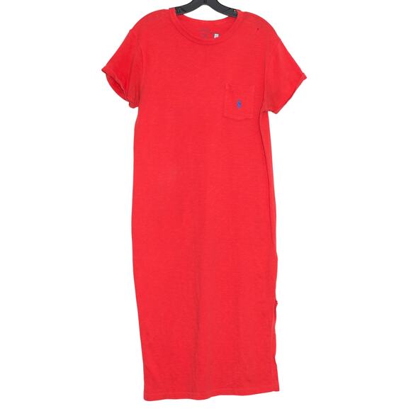 Polo Ralph Lauren Dress Minimalist Preppy Casual Logo Pocket Midi Red Medium - Picture 1 of 9